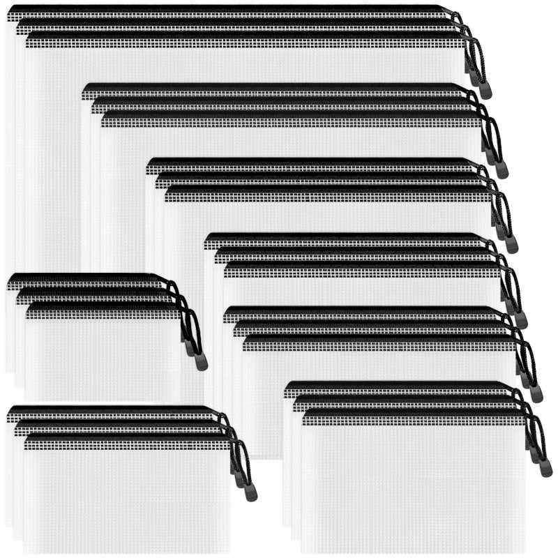 Smarpau Mesh Zipper Pouch, 24 Pack 8 Sizes Plastic Zipper Pouches for Organizing, Multipurpose Waterproof Zipper Bags for Travel, Office, Home Storage, Black - Image 1